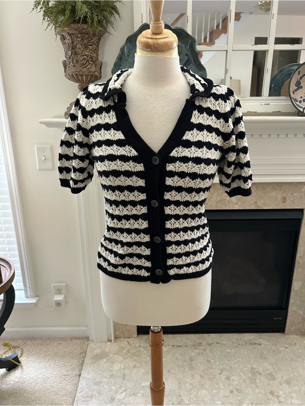 Anthropologie/Maeve Black and White Striped Short-Sleeve Polo Cardigan